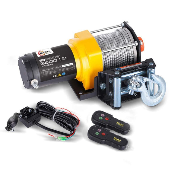 RUGCEL WINCH Waterproof IP68 Electric Winch with Hawse Fairlead,Steel Wire Rope, 2 Wired Handle and 2 Wireless Remote (3500 lb.Load Capacity)