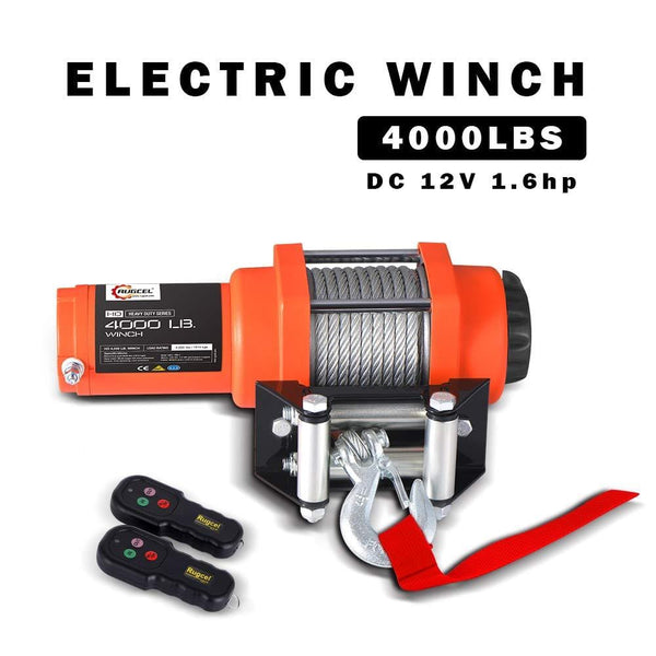 RUGCEL WINCH LT4000ATV 12 VDC Winch 4000lbs/1814kg, with Roller Fairlead, Mount Plate, 2 Wired Handle and 2 Wireless Remote