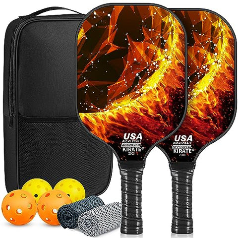 KIRATE Pickleball Paddles, USAPA Approved Fiberglass Surface Pickleball Set, Lightweight Pickleball Rackets, Pickle Ball Paddle Set for Men Women Pros Beginners