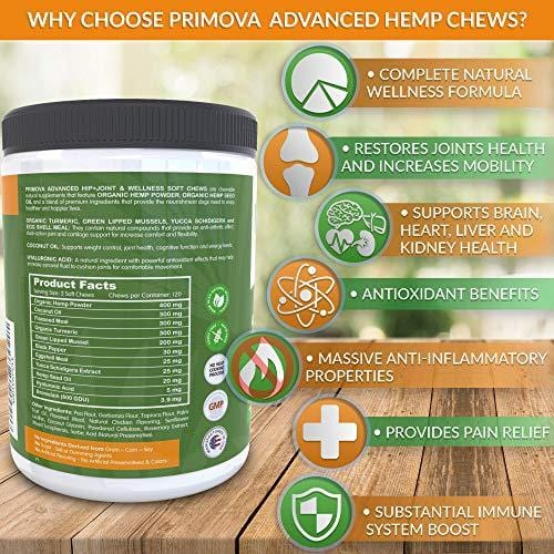 Hemp Hip and Joint Supplement for Dogs 120 Soft chews - Improves Mobility, Reduces Pain and Inflammation with Organic Hemp Oil, Turmeric, Green Lipped Mussel, Coconut oil,Omega 3-6 - MADE IN USA