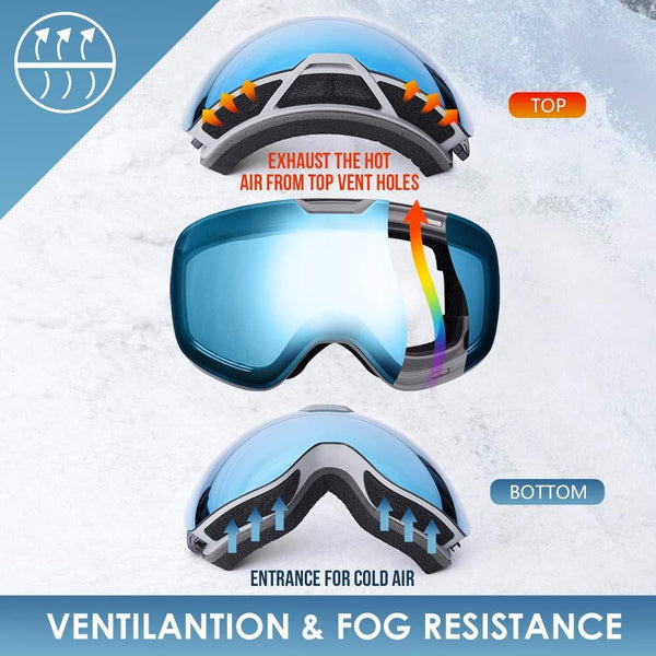 VELLAA PRO Ski Goggles - Interchangeable Lens Anti Fog 100% UV400 OTG Curved Ski/Snowboard Goggles for Men & Women Snow Goggles