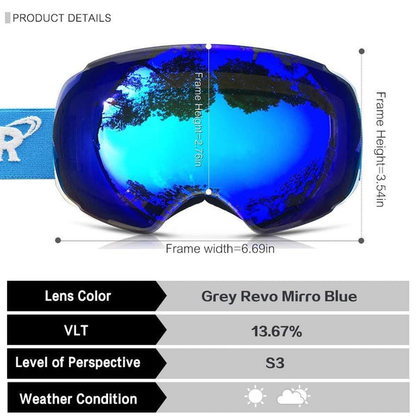 ZIONOR X4 Ski Snowboard Snow Goggles Magnet Dual Layers Lens Spherical Design Anti-Fog UV Protection Anti-Slip Strap for Men Women (VLT 13.67% Light White Frame Grey Revo Blue Lens)