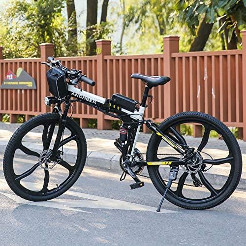 ANCHEER Folding Electric Mountain Bike, 26'' Electric Bike with 36V 8Ah Lithium-Ion Battery, Shimano 21 Speed Shifter (Folding Integrated Wheels-Black) (White)