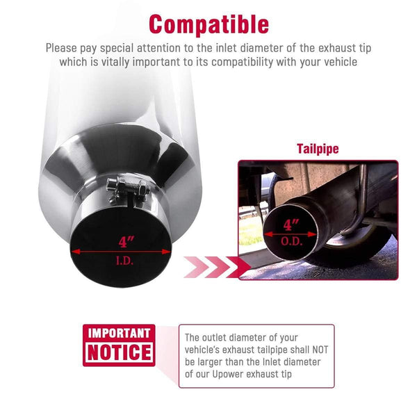 Upower Universal diesel tips inlet 4'' to outlet 7'' Exhaust Tips 18" Long Mirror Polish Stainless Steel Exhaust Tailpipe Bolt On