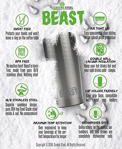 BEAST 20oz Tumbler Insulated Stainless Steel Coffee Cup with Lid, 2 Straws, Brush & Gift Box by Greens Steel (20 oz, Aquamarine Blue)