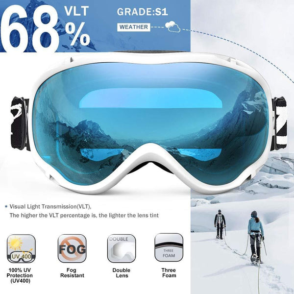 ZIONOR Lagopus Ski Snowboard Goggles UV Protection Anti Fog Snow Goggles for Men Women Youth VLT 68% White Frame Clear Blue Lens