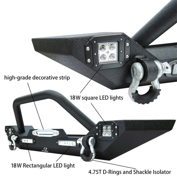Hunter Front Bumper Compatible for 87-06 Jeep Wrangler TJ & YJ Rock Crawler Black Texture Bumper with Winch Plate & License Plate Bracket & 4X LED Lights & 2X D-Rings Off Road