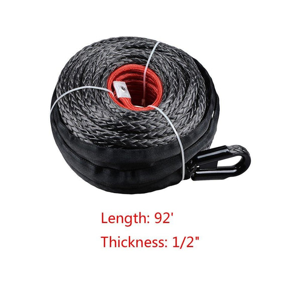 Anzio Set 92ft X 1/2 Inch 22000LBS Black Synthetic Winch Rope Line Cable w/Protective Sleeve + Red 28000 lbs 4X4 Half-Link Clevis Safety Latch Swivel Winch Hook Jeep Wrangler