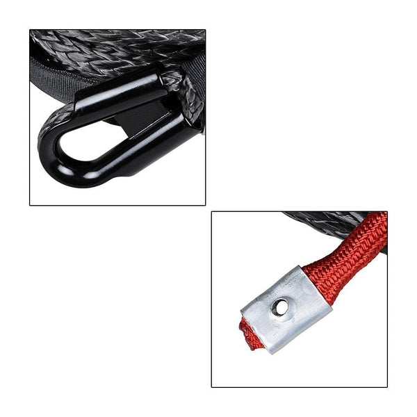 Anzio Set 92ft X 1/2 Inch 22000LBS Black Synthetic Winch Rope Line Cable w/Protective Sleeve + Red 28000 lbs 4X4 Half-Link Clevis Safety Latch Swivel Winch Hook Jeep Wrangler