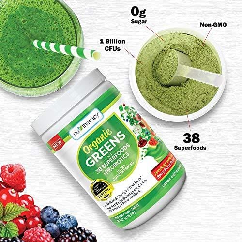 Nu-Therapy Organic Greens Superfood Powder, With probiotics, Berry Burst Flavor, 30 Servings