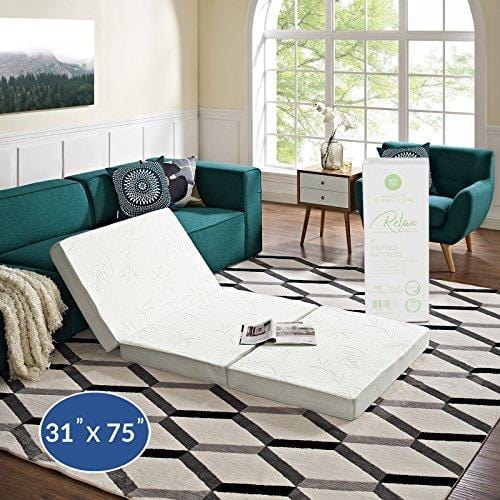 Modway 4" Relax Tri-Fold Mattress Topper CertiPUR-US Certified with Soft Removable Cover and Non-Slip Bottom (31" x 75") - 10-Year Warranty
