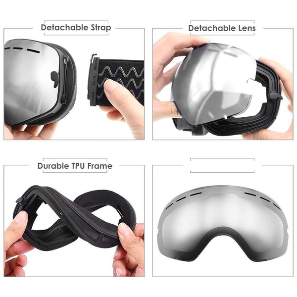 Zerhunt Ski Goggles, Snowboard Goggles Over Glasses, Anti Fog UV Protection Snow Goggles OTG Interchangeable Lens for Men Women Snowmobile, Skiing, Skating, Silver