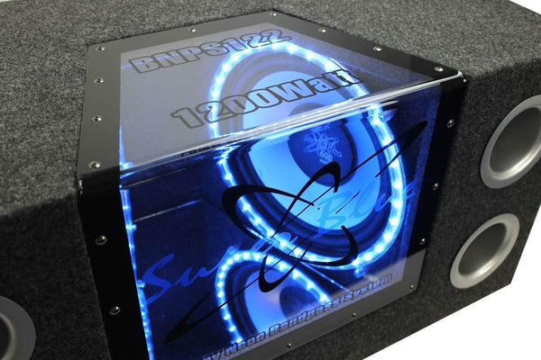 1000W Dual Bandpass Speaker System - Car Audio Subwoofer w/ Neon Accent Lighting, Plexi-Glass Front Window w/ 4 Tuned Ports, Silver Polypropylene Cone & Rubber Edge Suspension - Pyramid BNPS102