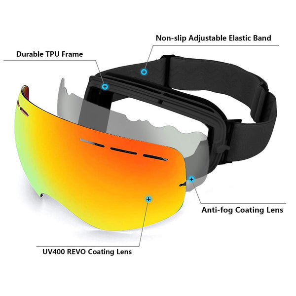 Rongbenyuan Ski Snow Snowboard Goggles - OTG Goggles Men Women Kids Anti-Fog UV400 Protection