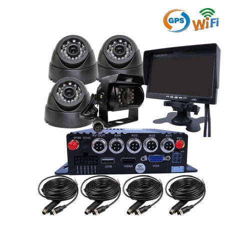 JOINLGO H.264 G-sensor 4 Channel GPS WIFI 1080P AHD 2 SD Mobile Vehicle Car DVR MDVR Audio Video Recorder Kit Realtime Remote Monitor on PC Phone with 4 2.0MP Car Camera 7 inches VGA Monitor for Truck