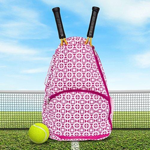 LISH Deuce Tennis Racket Backpack - Women's Geometric Square Printed Tennis Racquet Holder Bag (Rose)