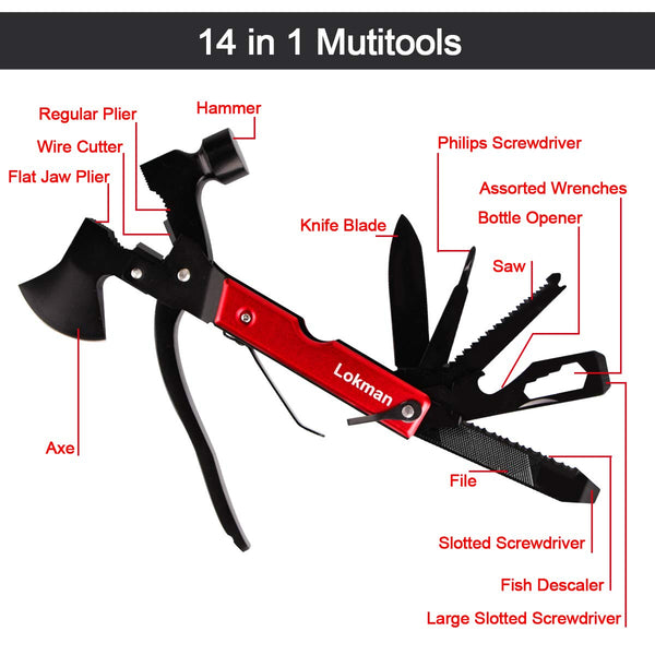 LOKMAN 14 in 1 Stainless Steel Multitool for Camping, Survival Kit, Outdoors, Car Emergency with Hammer, Axe, Knife, Plier, Screwdrivers,Wrench, Bottle Opener+ - Thanks Giving Gift for Father