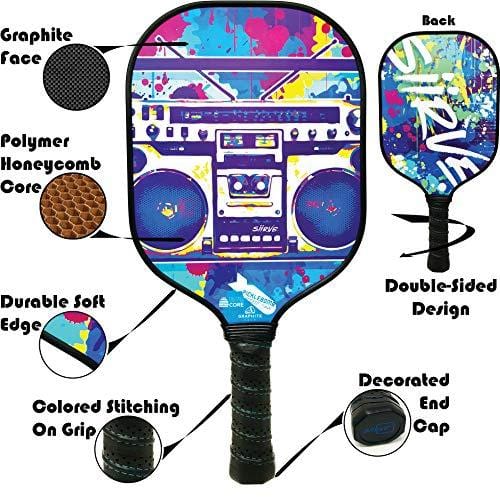 Graphite Pickleball Paddle with Cover | Double Sided Graphics | Premium Pickle Ball Racket and Case | Polymer Honeycomb Core | Best Graphics (Audio)