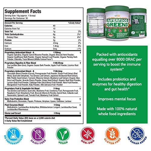 Superfood Vital Greens Powder - Cocoa Chocolate by Feel Great 365, Doctor Formulated, Organic, Whole30 Friendly, and Vegan, 100% Non-GMO with Real Green Vegetables, Polyphenols, and Probiotics