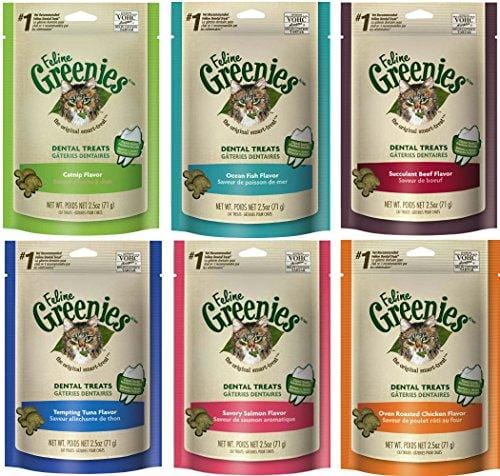 Greenies Dental Cat Treat Variety Bundle - Tuna, Salmon, Ocean Fish, Beef, Chicken, and Catnip Flavor - 2.1 oz. Each (6 Total Pouches - 1 of Each Flavor)