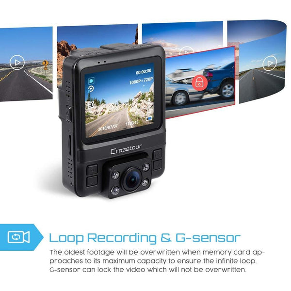 Uber Dual Lens Dash Cam Built-in GPS Car Camera Crosstour 1080P Front and 720P Inside with Parking Monitoring, Infrared Night Vision, Motion Detection, G-Sensor and WDR