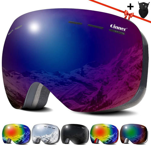 Qinner OTG Ski Goggles-Anti Fog UV Protection Snowboard Goggles with Free Ski Mask-Helmet Compatible Interchangeable Dual Lens Snow Goggles for Men Women Youth