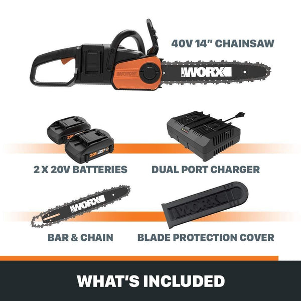 WORX WG384 40V Power Share 14" Cordless Chainsaw w/ Auto-Tension (2x20V Batteries)