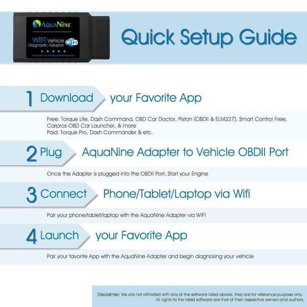 AquaNine OBD2 OBDII WiFi Car Diagnostic Scanner Code Reader Scan Tool for iOS, Android and Windows Devices - Read and Clear CEL Trouble Codes - Monitor Engine Performance with What The Pros Uses!
