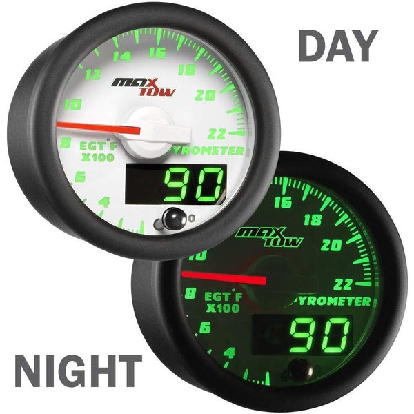 MaxTow Double Vision 2200 F Pyrometer Exhaust Gas Temperature EGT Gauge Kit - Includes Type K Probe - White Gauge Face - Green LED Dial - Analog & Digital Readouts - for Gas Trucks - 2-1/16" 52mm