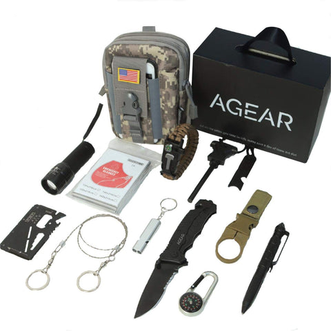 AGEAR Survival Gear with Survival Knife and fire Starter, 14 in 1 Emergency Survival kit Tactical Gear with Emergency Blanket and Compass for Hiking Tactical Gear for Men for Outdoor Adventure