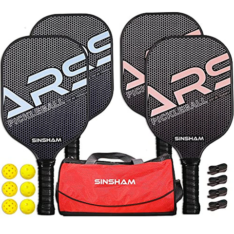 SINSHAM Graphite Pickleball Paddles Set of 4 Graphite Pickleball Paddles with 6 Pickleball Balls,4 Additional Cushion Grip,1 Portable Carry Bag;Growth of Pickleball Paddles for Families and Friends