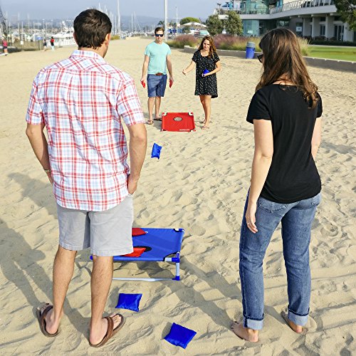 GoSports Portable PVC Framed Cornhole Toss Game Set with 8 Bean Bags and Travel Carrying Case - Choose American Flag Design, Red & Blue or Football