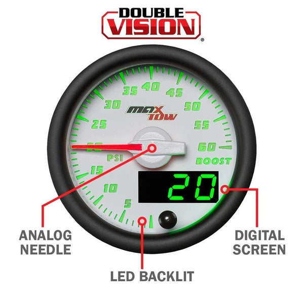 MaxTow Double Vision 2200 F Pyrometer Exhaust Gas Temperature EGT Gauge Kit - Includes Type K Probe - White Gauge Face - Green LED Dial - Analog & Digital Readouts - for Gas Trucks - 2-1/16" 52mm