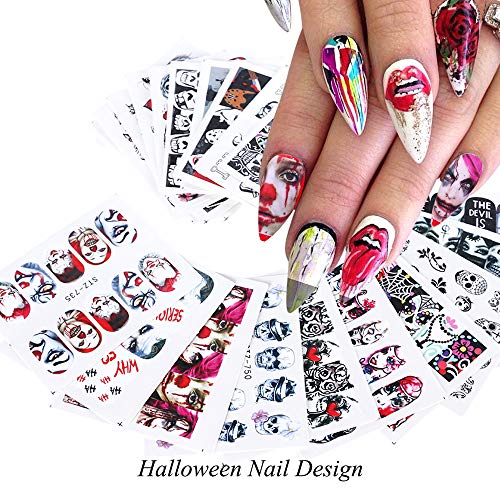 Halloween Nail Stickers Day of the Dead Nail Art Accessories Decals 25 Sheets Ghost Skull Eye Clown Hulk Water Transfer Nail Art Stickers for Halloween Party Supply Fingernails Toenails Decorations