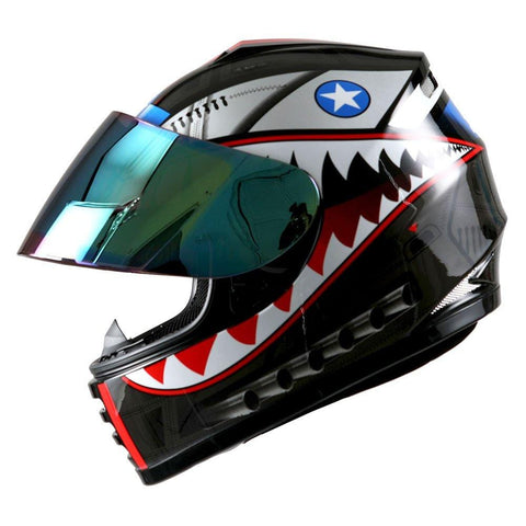 WOW Motorcycle Full Face Helmet Street Bike BMX MX Youth Kids Shark Black; Size M (51-52 CM,19.7/20.3 Inch);