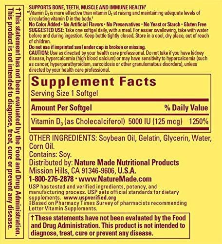Nature Made Vitamin D3 5000 IU Ultra Strength Softgels Value Size 180 Ct