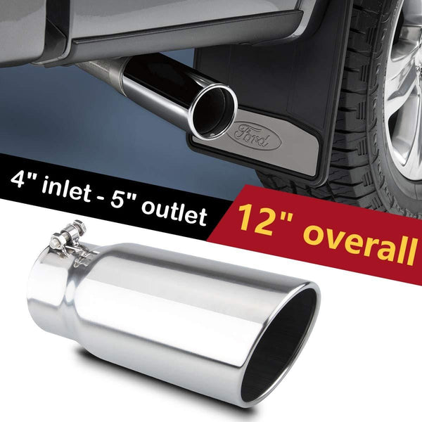 LCGP 4" to 5" Diesel Exhaust Tip, 12" Overall Length Bolt On Design Truck Tail Tip,Polished, Rolled Angle Cut Design