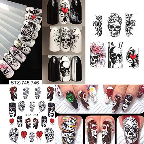Halloween Nail Stickers Day of the Dead Water Transfer Nail Decals 25 Sheets Skull Ghost Eye Hulk Clown Witch Nail Art Stickers Halloween Party Supply Favors Nail Tips Charms Decoration
