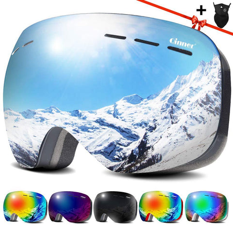 Qinner Ski Goggles -Anti Fog Over Glasses & UV Protection Snowboard Goggles Compatible Windproof Helmet Lens Goggles for Skiing & Skating & Outdoor VLT 13% Black Frame Siliver Lens