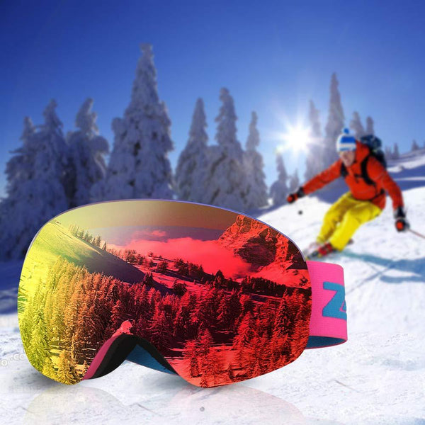 Zacro Ski Goggles -Large Spherical Framless Snowboard Goggles for Men and Women,OTG Double Lens Goggles for Skiing, Snowboarding, Snowmobile, 100% UV400 Protection and Anti-fogging, Red