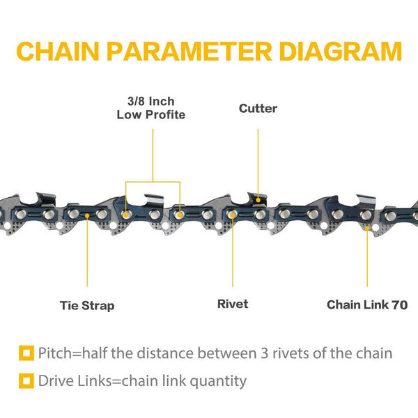 WONDER MASTER 20 Inch Chainsaw Chains 1Pack - 3/8" Pitch - 70 Drive Links - .050" Gauge with Pitch Semi-Chisel Gas Powered Chainsaw Chain Fits for Echo MAKITA HOMELITE Bernard Skil