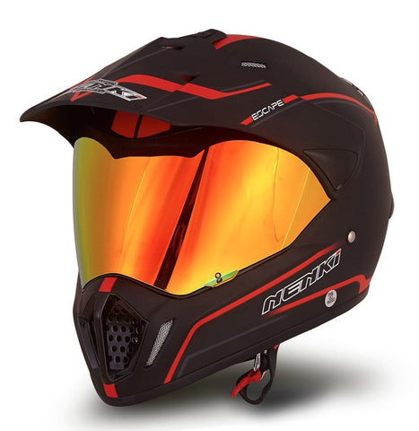 Dual Sport Helmet by NENKI Full Face Motocross & Motorcycle Helmets Dot Approved With Iridium Red Visor Attached Clear Visor NK-310 (XL 60-61CM, Matt Black & Red)