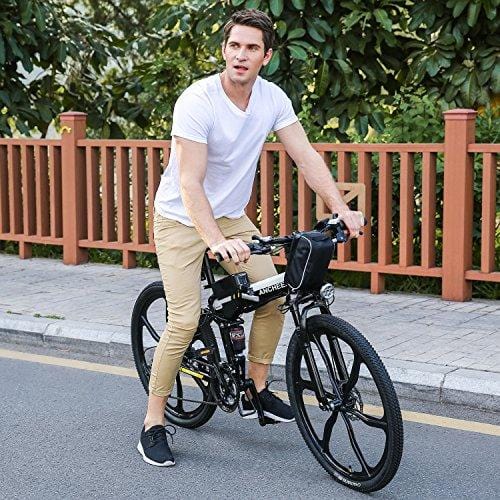 ANCHEER Folding Electric Mountain Bike with 26" Super Lightweight Magnesium Alloy 6 Spokes Integrated Wheel, Premium Full Suspension and Shimano 21 Speed Gear