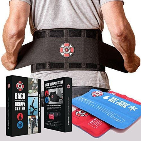 Back Brace with Ice Packs by Old Bones Therapy - Ice or Heat On The Go - Pain Relief for Lower Back Pain - Adjustable Back Support Belt + Lumbar Support for Men & Women (Back Brace + Gel Packs, L/XL)