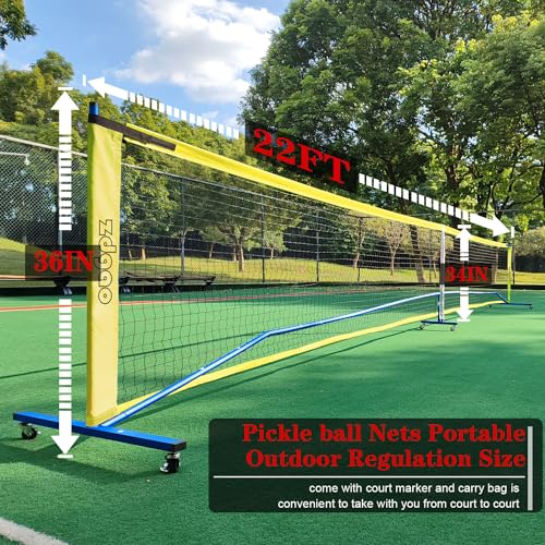 Pickleball Nets with Wheels Portable Pickle Ball Set with Net and Pickleball Paddles of 4, 22FT Pickleball Net Outdoor Pickle Balls, Court Marking Kit, and Carrying Bag for Family, Home