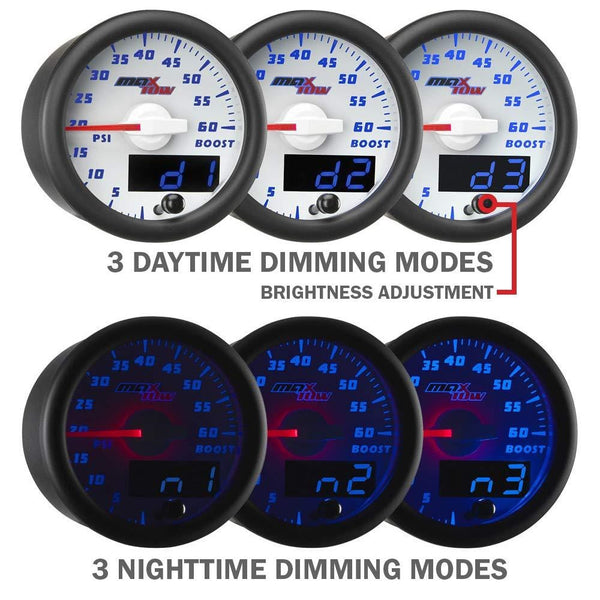 MaxTow Double Vision 1500 F Pyrometer Exhaust Gas Temperature EGT Gauge Kit - Includes Type K Probe - White Gauge Face - Blue LED Dial - Analog & Digital Readouts - for Diesel Trucks - 2-1/16" 52mm