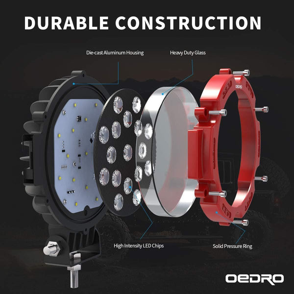 OEDRO 7 Inches 51W 5100LM LED Light Bar, Round Spot Light Pods Off Road Driving Lights Fog Bumper Roof Light for Boat, Jeep, SUV, Truck, Hunters, Motorcycle, 2 years Warranty