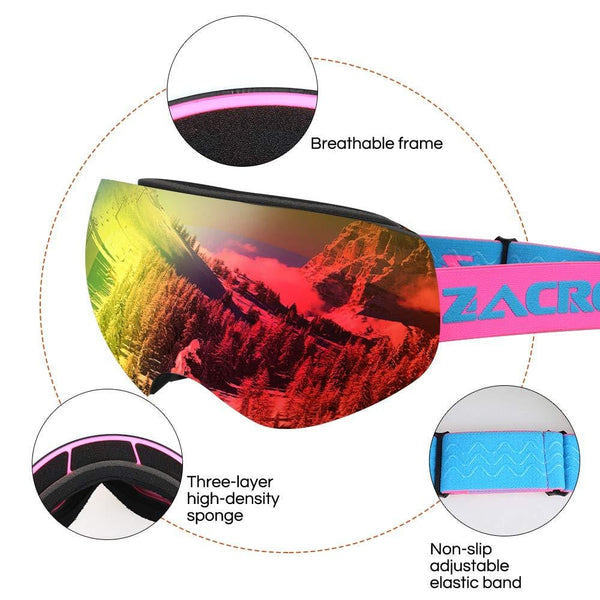 Zacro Ski Goggles -Large Spherical Framless Snowboard Goggles for Men and Women,OTG Double Lens Goggles for Skiing, Snowboarding, Snowmobile, 100% UV400 Protection and Anti-fogging, Red