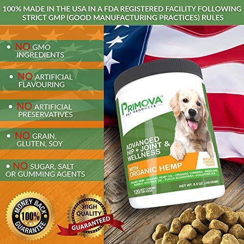 Hemp Hip and Joint Supplement for Dogs 120 Soft chews - Improves Mobility, Reduces Pain and Inflammation with Organic Hemp Oil, Turmeric, Green Lipped Mussel, Coconut oil,Omega 3-6 - MADE IN USA