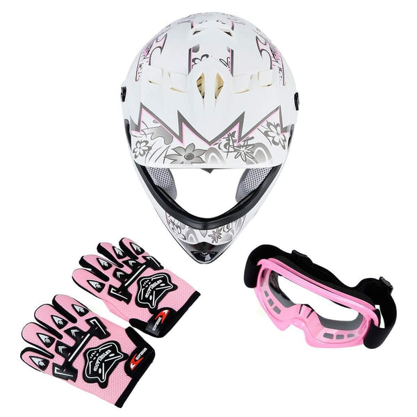 TCT-MT DOT Helmet+Goggles +Gloves Youth Kids Helmet Pink Butterfly Dirt Bike Motocross Offroad Street Helmet Motorcycle (Large)